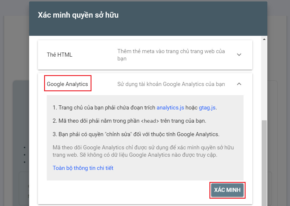 Xác minh qua mã của Google Analytics và gtag JS (Xem bài hướng dẫn phần này)