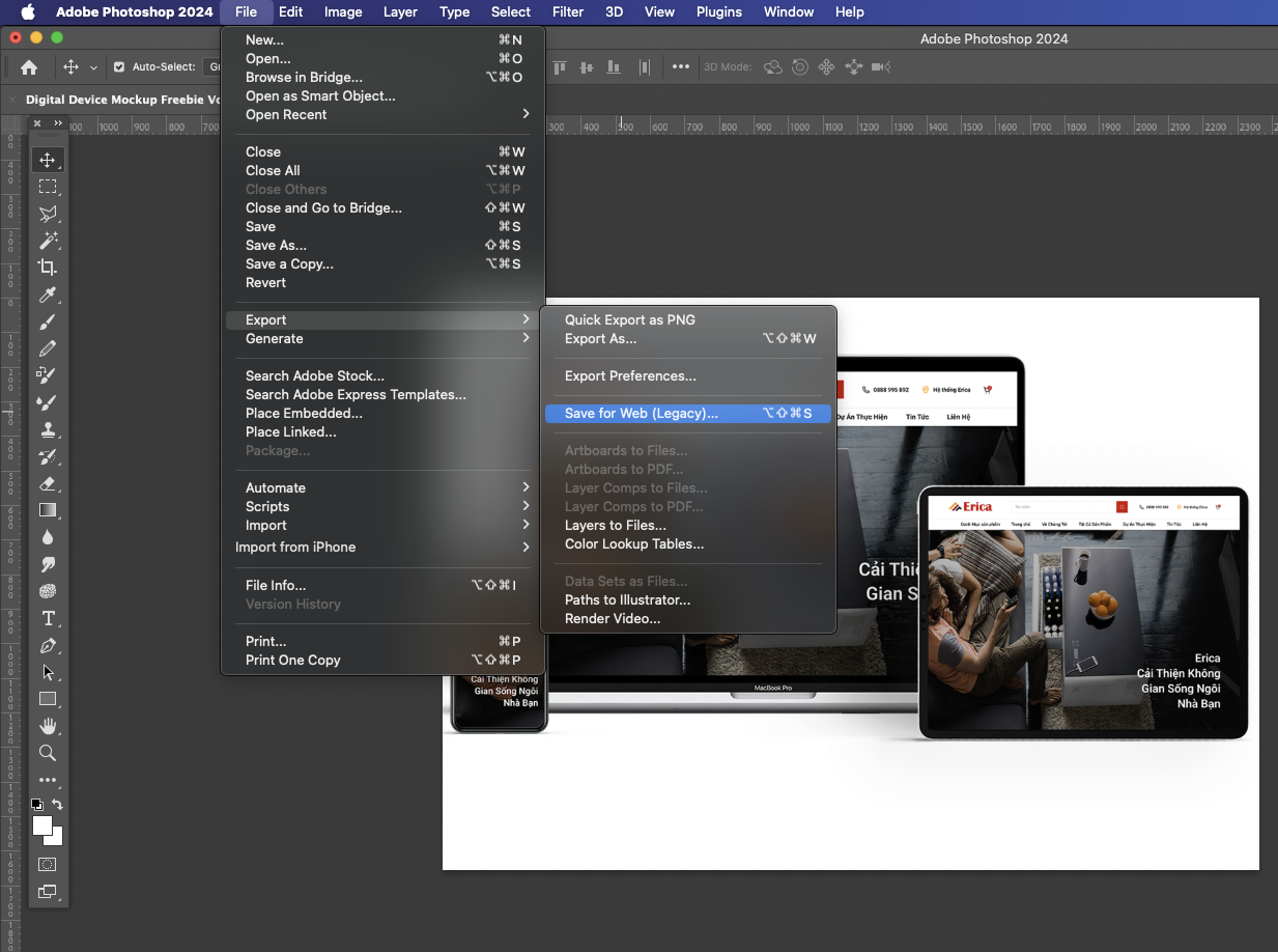Thao tác theo hướng dẫn để lưu ảnh cho định dạng website