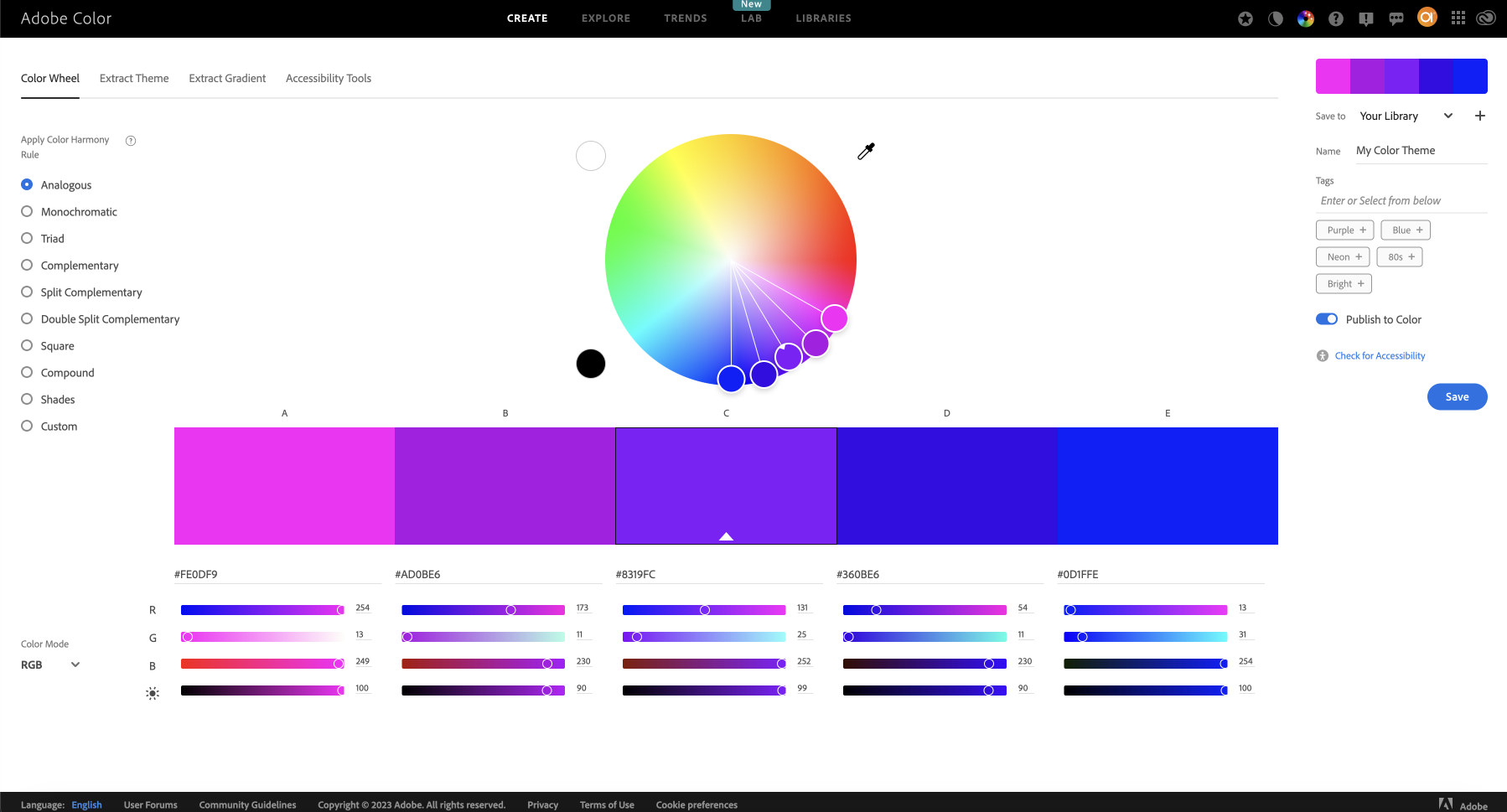 Giao diện của website phối màu Adobe Color