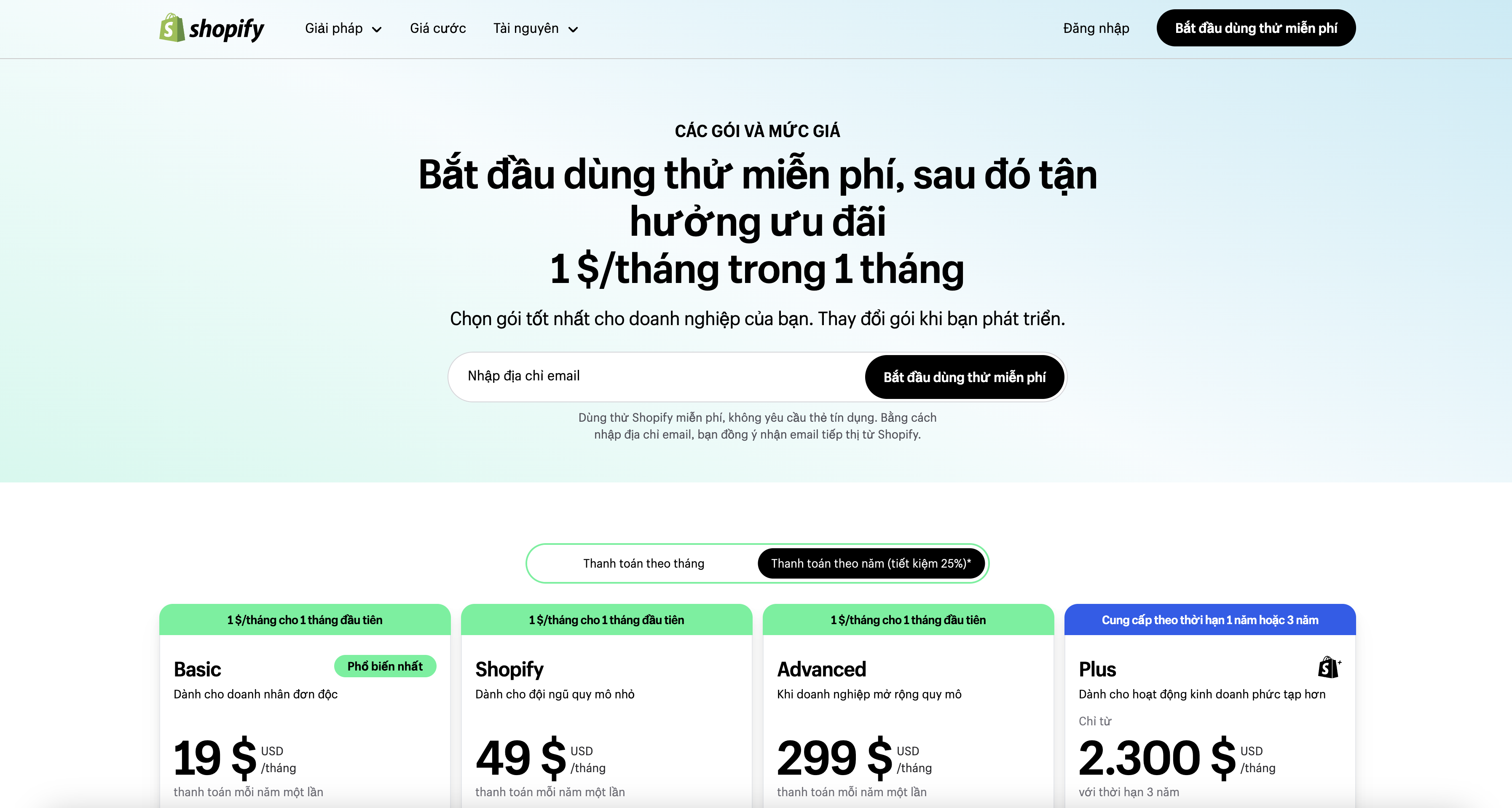 Bảng giá cước của Shopify